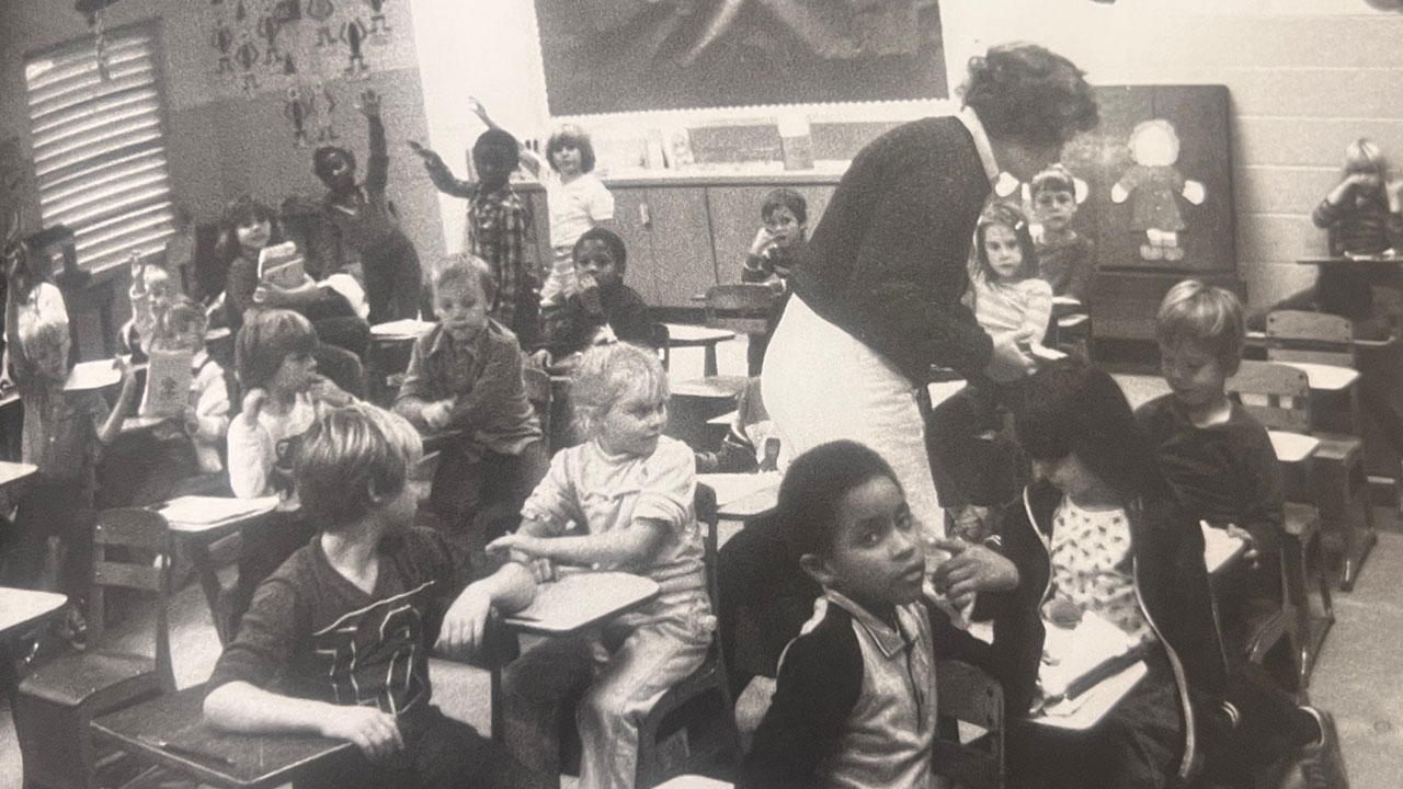 A classroom from 1981 is pictured